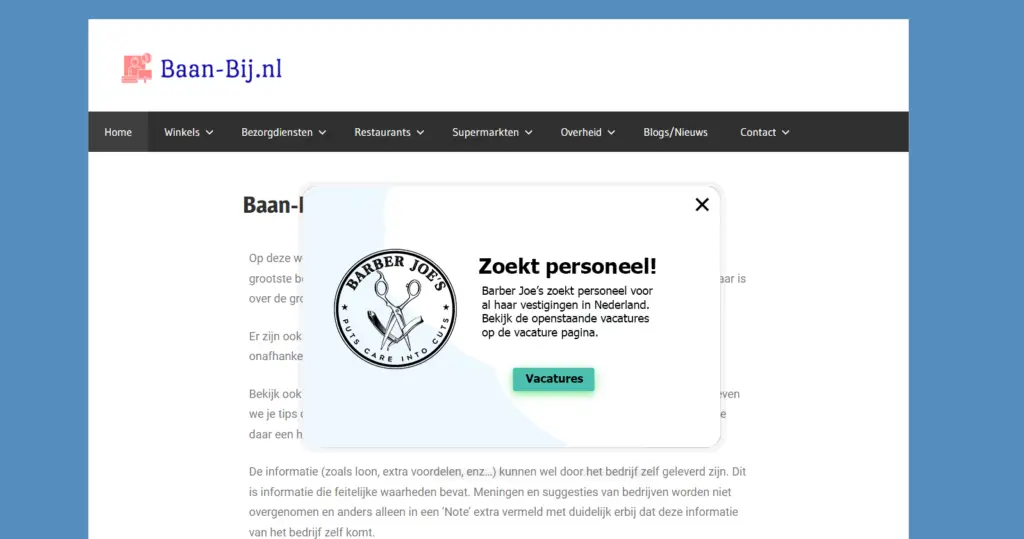 Popup op Baan-bij.nl